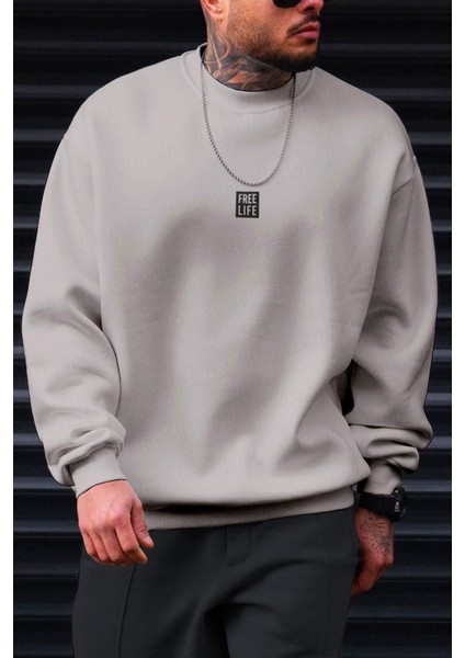 Erkek Koyu Gri Free Life Baskılı Kalın Soft 3 Iplik Içi Şardonlu 0 Sıfır Yaka Oversize Salaş Sweatshirt indirimleri