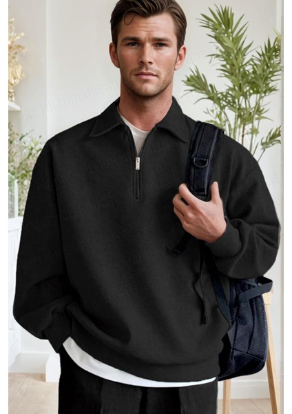 Erkek Siyah Yarım Fermuar Polo Yaka 3 Iplik Içi Polarlı Şardonlu Oversize Sweatshirt