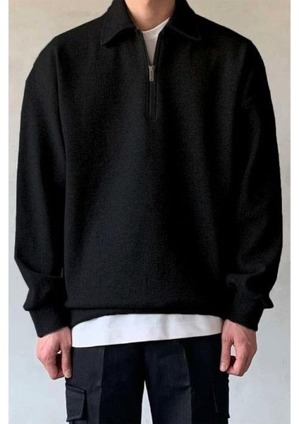Erkek Siyah Yarım Fermuar Polo Yaka 3 Iplik Içi Polarlı Şardonlu Oversize Sweatshirt modelleri