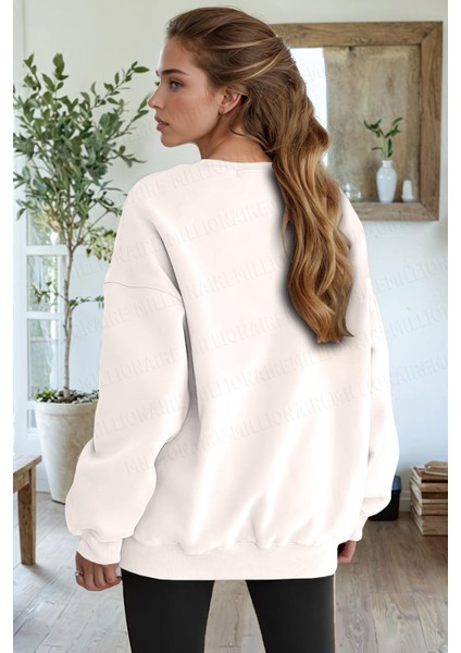 Kadın Ekru Kırık Beyaz Cherries Baskılı 0 Sıfır Yaka Oversize Salaş Bol Kesim Polar Sweatshirt fiyatları
