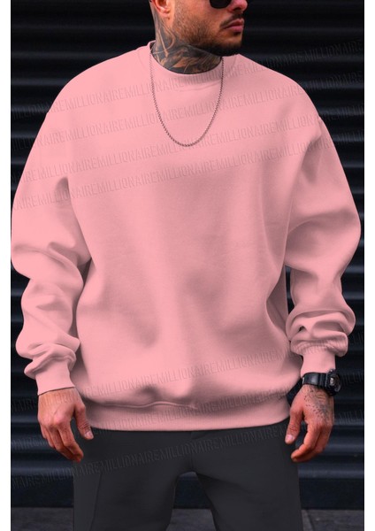 Erkek Pembe Basic 0 Sıfır Yaka Baskısız Düz Oversize Salaş Bol Kesim Polar Sweatshirt