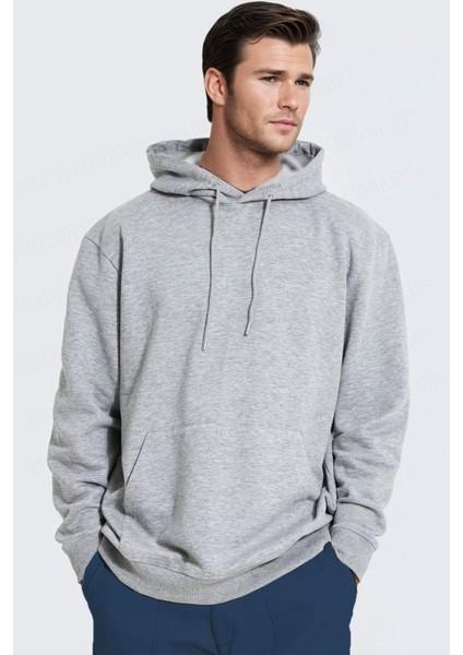 Erkek Gri Düz Kapüşonlu Oversize 3 Iplik Şardonlu Salaş Bol Kesim Hoodie Sweatshirt