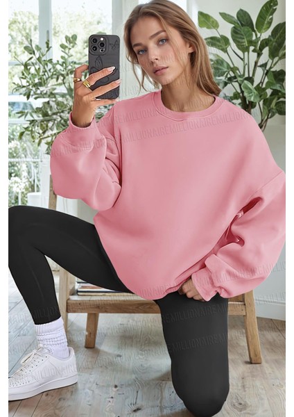 Kadın Pembe Basic 0 Sıfır Yaka Baskısız Düz Oversize Salaş Bol Kesim Polar Sweatshirt