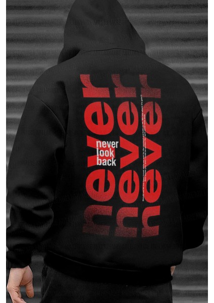 Erkek Siyah Never Baskılı Kapüşonlu 3 Üç Iplik Polar Kanguru Cepli Oversize Sweatshirt Hoodie