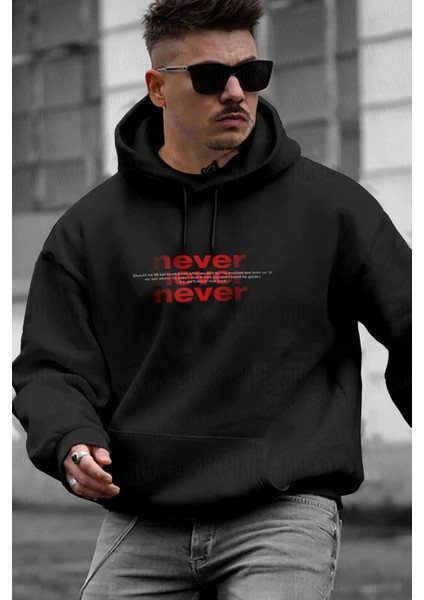 Erkek Siyah Never Baskılı Kapüşonlu 3 Üç Iplik Polar Kanguru Cepli Oversize Sweatshirt Hoodie