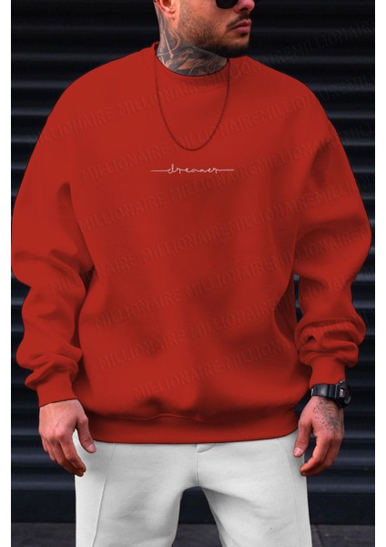 Erkek Kırmızı Dreamer Baskılı 0 Sıfır Yaka Oversize Salaş Bol Kesim Polar Sweatshirt
