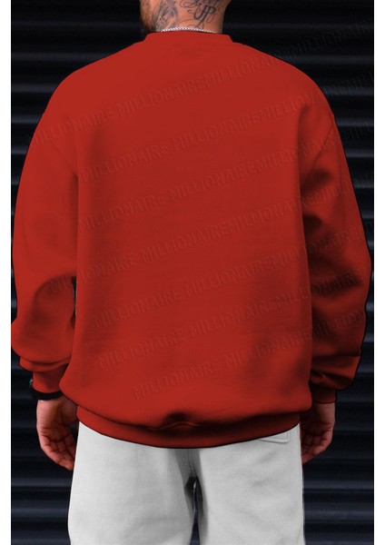 Erkek Kırmızı Dreamer Baskılı 0 Sıfır Yaka Oversize Salaş Bol Kesim Polar Sweatshirt