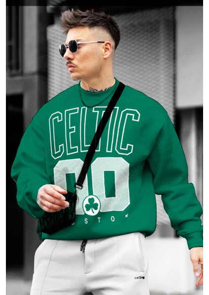 Erkek Yeşil Boston 00 Baskılı 0 Sıfır Yaka Oversize Salaş Bol Kesim Polar Sweatshirt