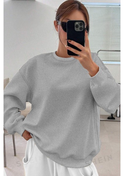 Kadın Dikiş Detaylı Gri Basic 0 Sıfır Yaka Düz Oversize Salaş Bol Kesim Polar Sweatshirt