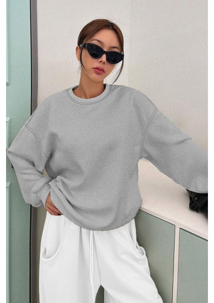 Kadın Dikiş Detaylı Gri Basic 0 Sıfır Yaka Düz Oversize Salaş Bol Kesim Polar Sweatshirt