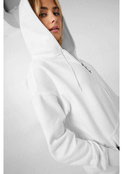 Kadin Beyaz Kapüşonlu Fermuarlı 3 Üç Iplik Polar Kanguru Oversize Salaş Sweatshirt Zip Up Hoodie