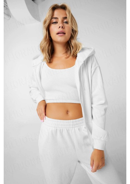 Kadin Beyaz Kapüşonlu Fermuarlı 3 Üç Iplik Polar Kanguru Oversize Salaş Sweatshirt Zip Up Hoodie fiyatları