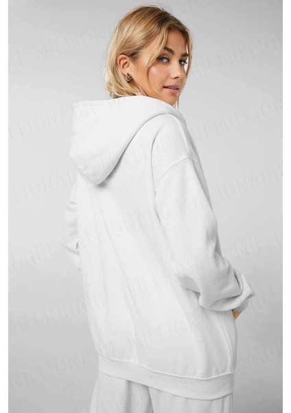 Kadin Beyaz Kapüşonlu Fermuarlı 3 Üç Iplik Polar Kanguru Oversize Salaş Sweatshirt Zip Up Hoodie modelleri
