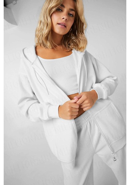 Kadin Beyaz Kapüşonlu Fermuarlı 3 Üç Iplik Polar Kanguru Oversize Salaş Sweatshirt Zip Up Hoodie fırsatları