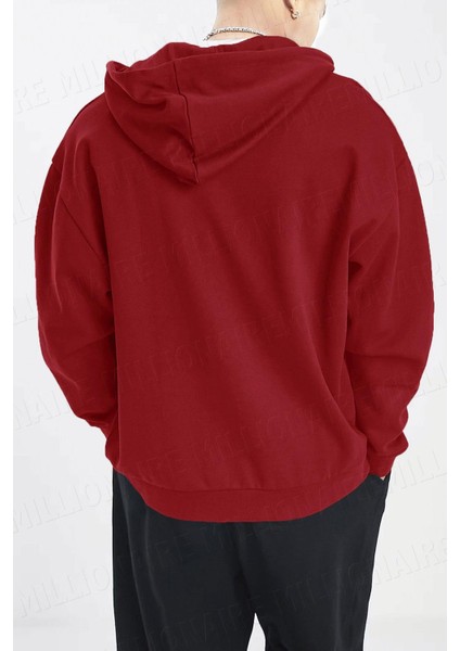 Erkek Kırmzı Kapüşonlu Fermuarlı 3 Üç Iplik Polar Kanguru Oversize Sweatshirt Zip Up Hoodie