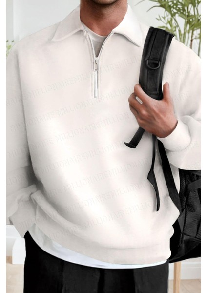 Erkek Ekru Kırık Beyaz Yarım Fermuar Polo Yaka 3 Iplik Içi Polarlı Şardonlu Oversize Sweatshirt modelleri