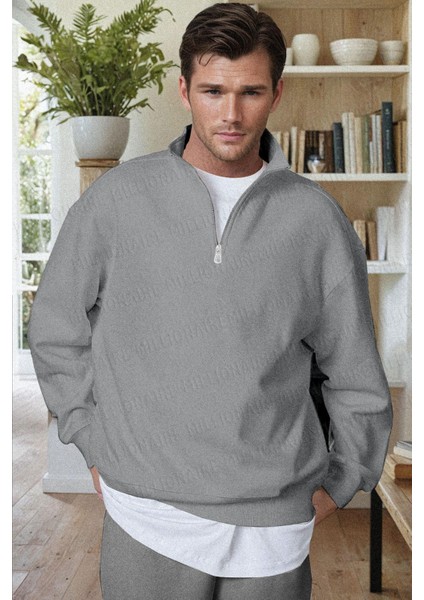 Erkek Gri Balıkçı Yaka 3 Iplik Içi Polarlı Şardonlu Oversize Sweatshirt