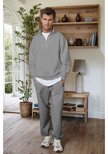 Erkek Gri Balıkçı Yaka 3 Iplik Içi Polarlı Şardonlu Oversize Sweatshirt