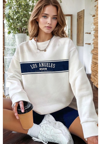 Kadın Ekru Kırık Beyaz City Of Angels Baskılı 0 Sıfır Yaka Oversize Salaş Bol Kesim Polar Sweatshirt