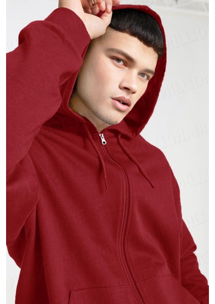 Erkek Kırmzı Kapüşonlu Fermuarlı 3 Üç Iplik Polar Kanguru Oversize Sweatshirt Zip Up Hoodie