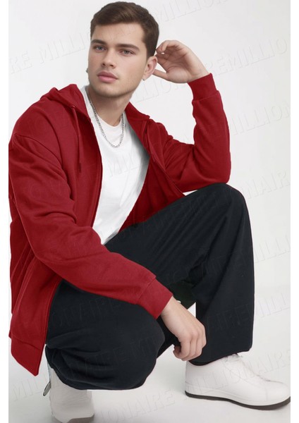 Erkek Kırmzı Kapüşonlu Fermuarlı 3 Üç Iplik Polar Kanguru Oversize Sweatshirt Zip Up Hoodie fırsatları