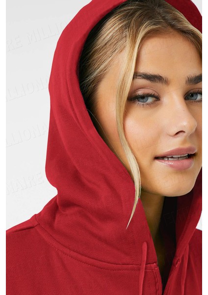 Kadin Kırmızı Kapüşonlu Fermuarlı 3 Üç Iplik Polar Kanguru Oversize Salaş Sweatshirt Zip Up Hoodie