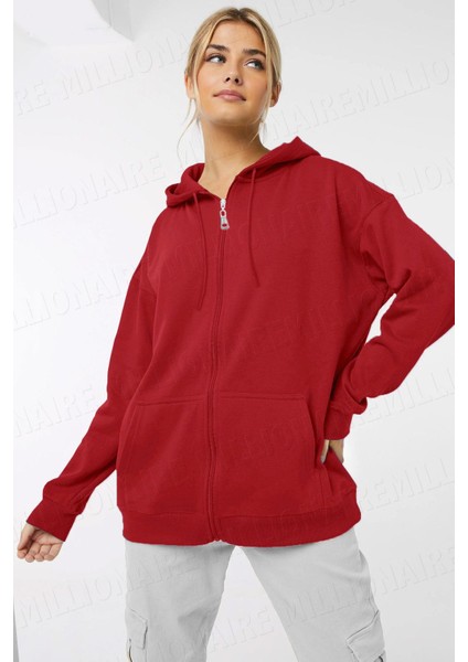Kadin Kırmızı Kapüşonlu Fermuarlı 3 Üç Iplik Polar Kanguru Oversize Salaş Sweatshirt Zip Up Hoodie