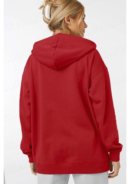 Kadin Kırmızı Kapüşonlu Fermuarlı 3 Üç Iplik Polar Kanguru Oversize Salaş Sweatshirt Zip Up Hoodie fiyatları