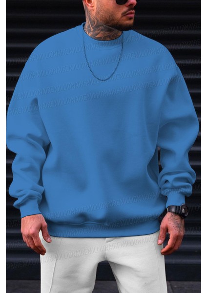 Erkek Mavi Basic 0 Sıfır Yaka Baskısız Düz Oversize Salaş Bol Kesim Polar Sweatshirt