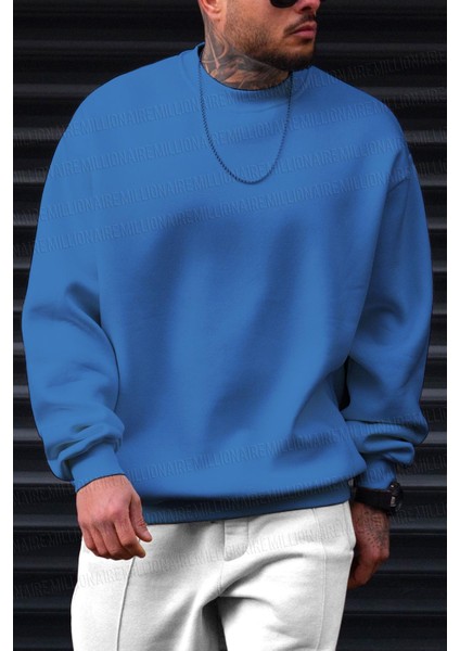 Erkek Mavi Basic 0 Sıfır Yaka Baskısız Düz Oversize Salaş Bol Kesim Polar Sweatshirt fiyatları