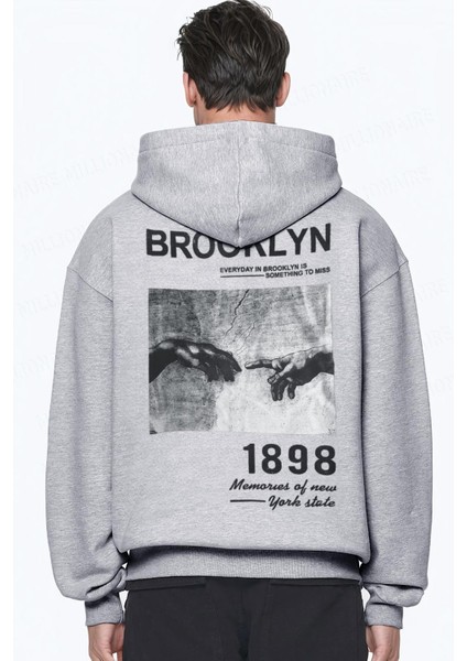 Erkek Gri 1898 Baskılı Kapüşonlu Oversize 3 Iplik Şardonlu Salaş Bol Kesim Hoodie Sweatshirt
