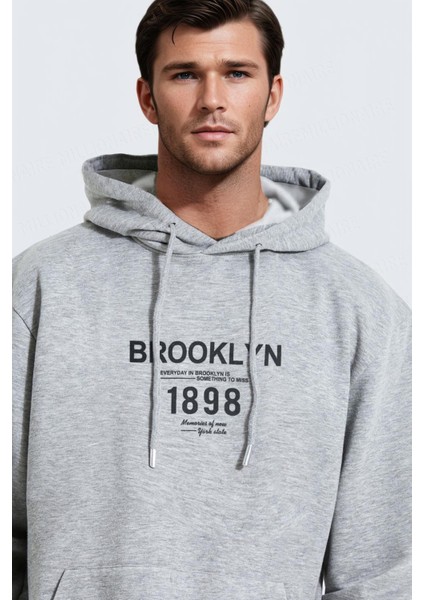 Erkek Gri 1898 Baskılı Kapüşonlu Oversize 3 Iplik Şardonlu Salaş Bol Kesim Hoodie Sweatshirt fiyatları