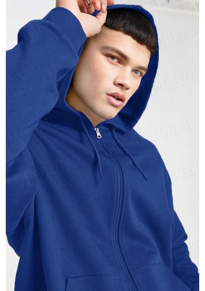 Erkek Saks Mavisi Kapüşonlu Fermuarlı 3 Üç Iplik Polar Kanguru Oversize Sweatshirt Zip Up Hoodie