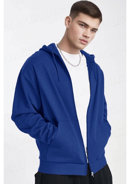 Erkek Saks Mavisi Kapüşonlu Fermuarlı 3 Üç Iplik Polar Kanguru Oversize Sweatshirt Zip Up Hoodie