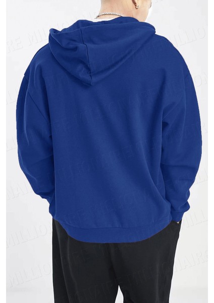 Erkek Saks Mavisi Kapüşonlu Fermuarlı 3 Üç Iplik Polar Kanguru Oversize Sweatshirt Zip Up Hoodie