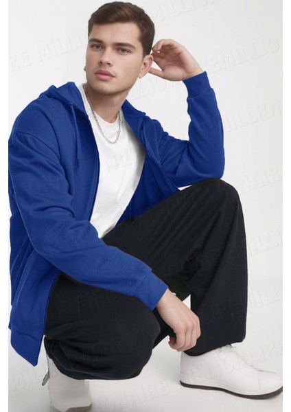 Erkek Saks Mavisi Kapüşonlu Fermuarlı 3 Üç Iplik Polar Kanguru Oversize Sweatshirt Zip Up Hoodie