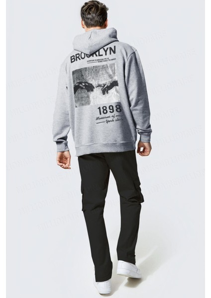 Erkek Gri 1898 Baskılı Kapüşonlu Oversize 3 Iplik Şardonlu Salaş Bol Kesim Hoodie Sweatshirt modelleri