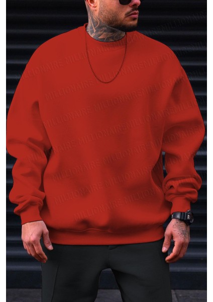 Erkek Kırmızı Basic 0 Sıfır Yaka Baskısız Düz Oversize Salaş Bol Kesim Polar Sweatshirt