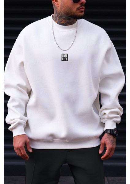 Erkek Ekru Free Life Baskılı Kalın Soft 3 Iplik Içi Şardonlu 0 Sıfır Yaka Oversize Salaş Sweatshirt