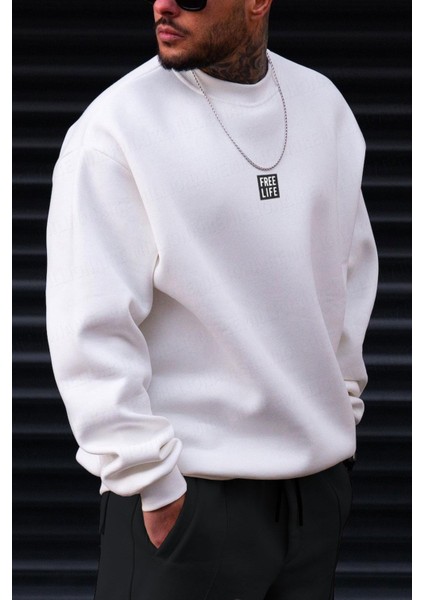 Erkek Ekru Free Life Baskılı Kalın Soft 3 Iplik Içi Şardonlu 0 Sıfır Yaka Oversize Salaş Sweatshirt modelleri