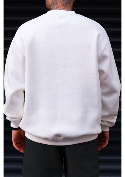 Erkek Ekru Free Life Baskılı Kalın Soft 3 Iplik Içi Şardonlu 0 Sıfır Yaka Oversize Salaş Sweatshirt indirimleri