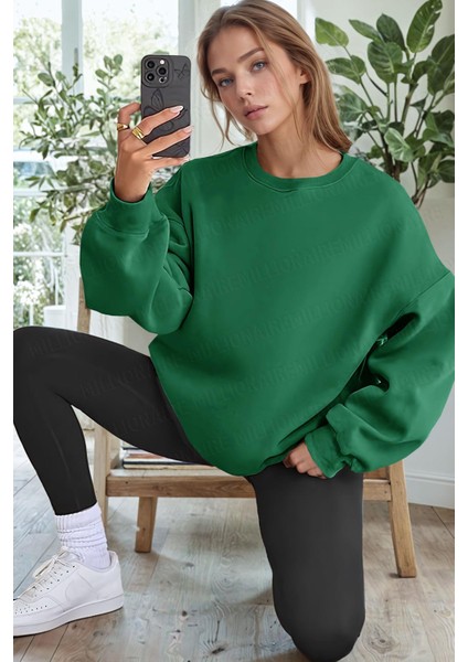 Kadın Yeşil Basic 0 Sıfır Yaka Baskısız Düz Oversize Salaş Bol Kesim Polar Sweatshirt