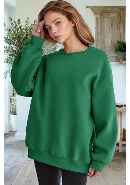 Kadın Yeşil Basic 0 Sıfır Yaka Baskısız Düz Oversize Salaş Bol Kesim Polar Sweatshirt fiyatları