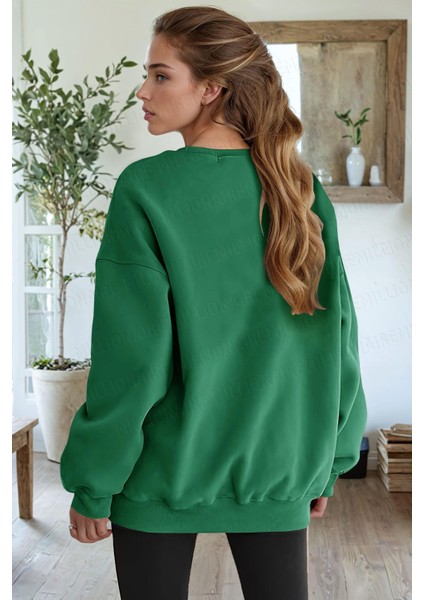 Kadın Yeşil Basic 0 Sıfır Yaka Baskısız Düz Oversize Salaş Bol Kesim Polar Sweatshirt modelleri