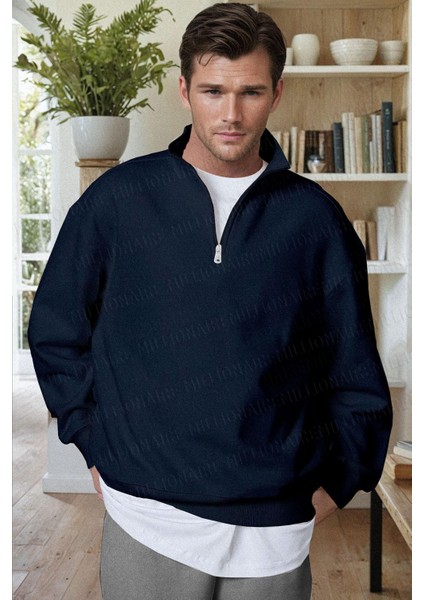 Erkek Lacivert Balıkçı Yaka 3 Iplik Içi Polarlı Şardonlu Oversize Sweatshirt