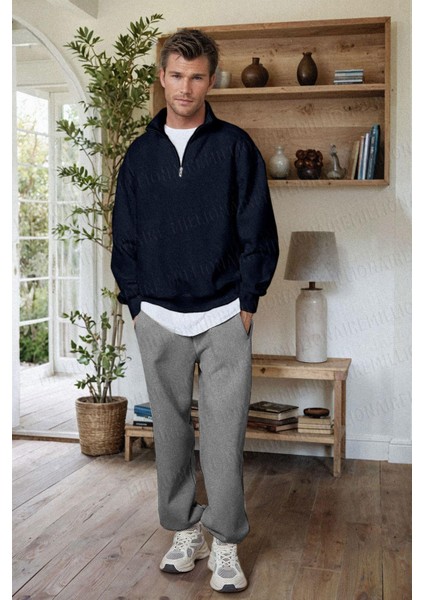 Erkek Lacivert Balıkçı Yaka 3 Iplik Içi Polarlı Şardonlu Oversize Sweatshirt fiyatları