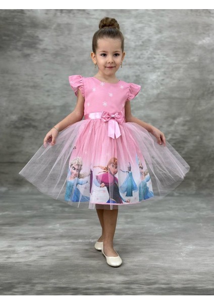 Elsa Frozen Pembe Kız Çocuk Elbise