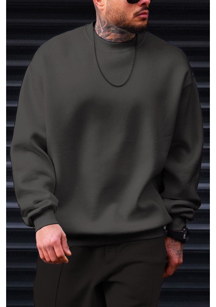 Erkek Petrol Füme Basic 0 Sıfır Yaka Baskısız Düz Oversize Salaş Bol Kesim Polar Sweatshirt