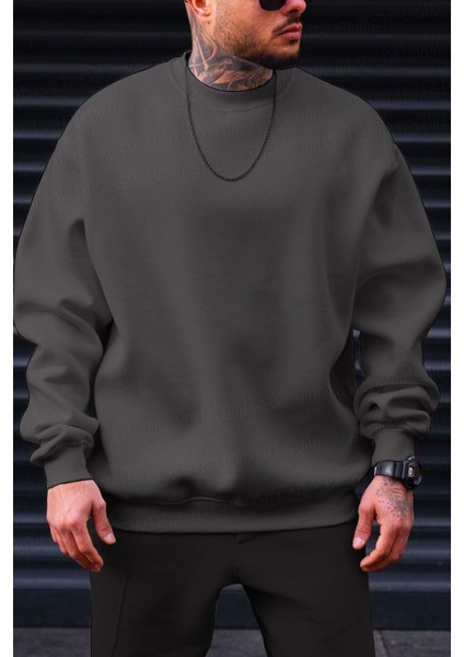 Erkek Petrol Füme Basic 0 Sıfır Yaka Baskısız Düz Oversize Salaş Bol Kesim Polar Sweatshirt