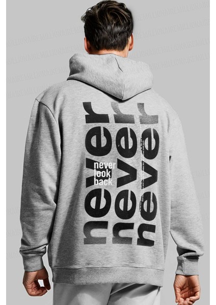 Erkek Gri Never Baskılı Kapüşonlu 3 Üç Iplik Polar Kanguru Cepli Oversize Sweatshirt Hoodie